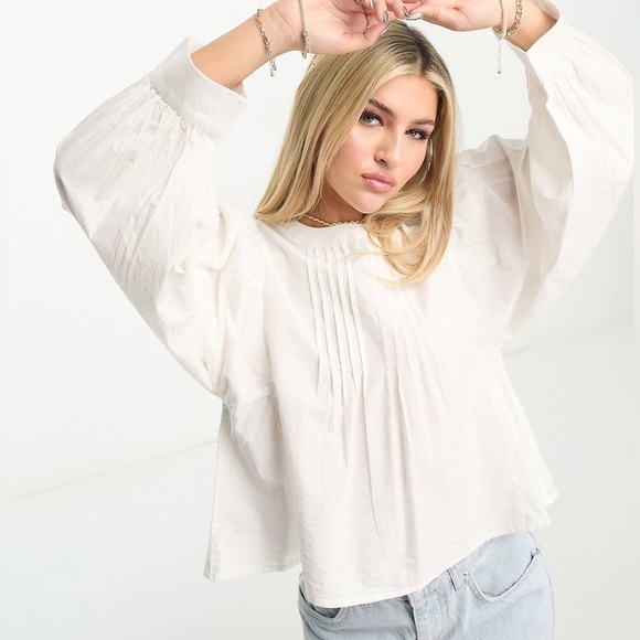 RAGA ASOS Marian Volume Sleeve Smock Blouse in White - Picture 1 of 10